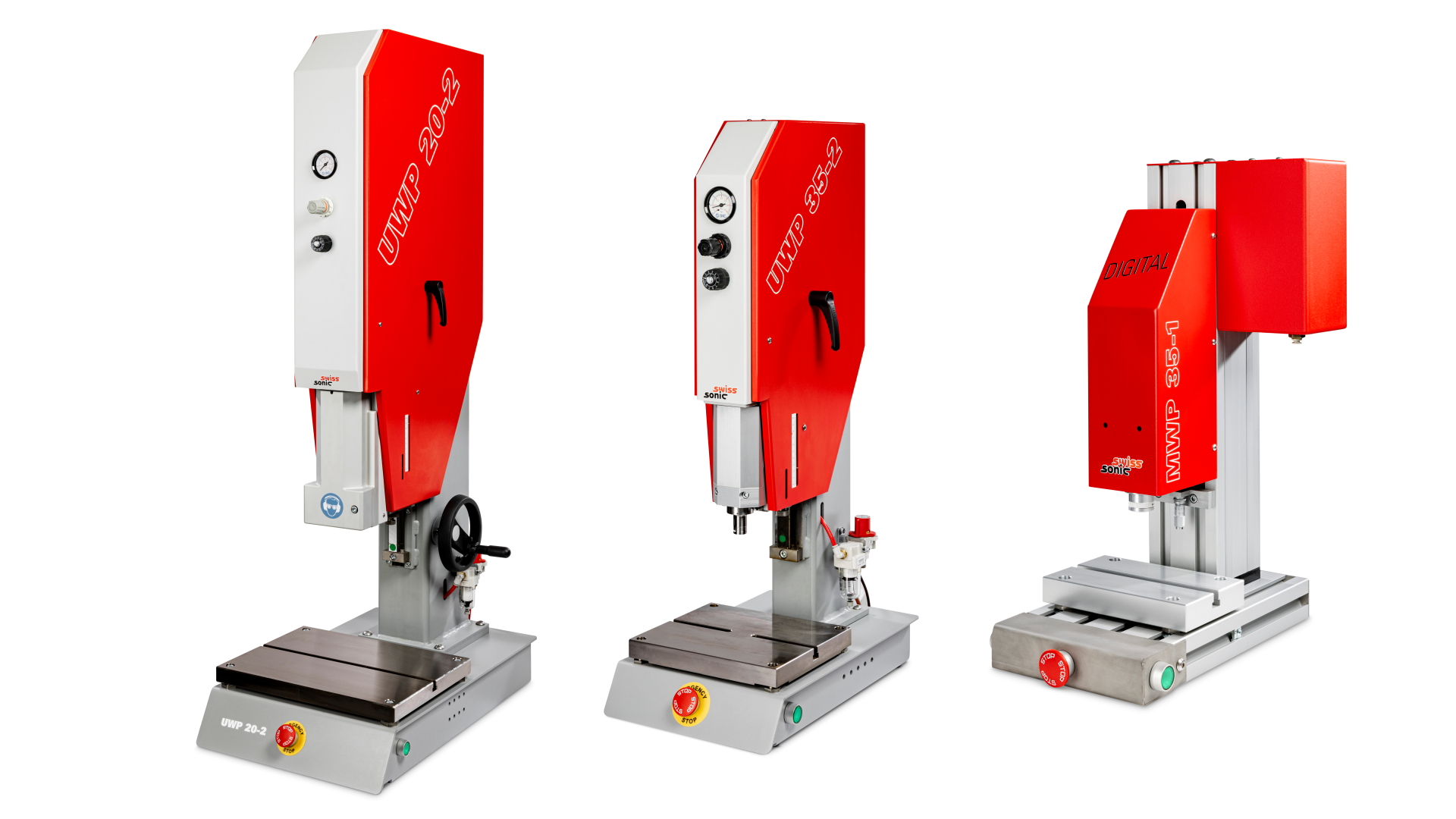 Various types of ultrasonic welding presses suitable for welding, riveting, and forming thermoplastic parts as weling, punchiing and cutting of nonwoven and textile materials